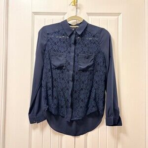 Ever New Lace Panel Button-Down Blouse Navy – US 2